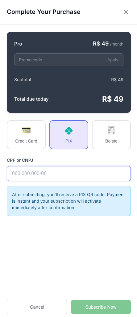 The checkout with PIX selected