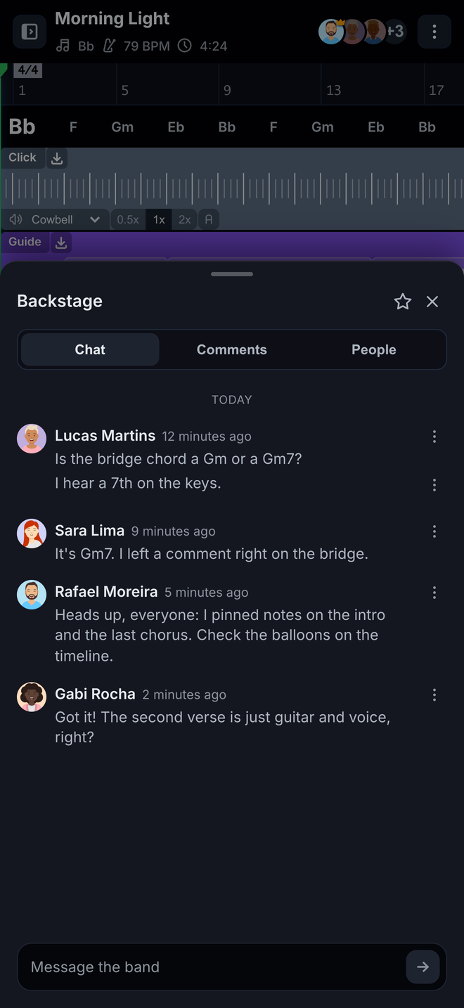 Backstage open from the bottom of the phone screen on the Chat tab