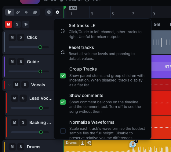 The Tools menu with the Show comments switch turned on