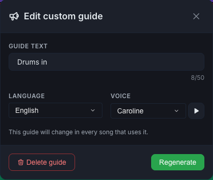 A janela Editar guia personalizada com o aviso de que a guia muda em todas as músicas, Apagar guia e Gerar de novo