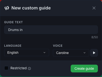 A janela Nova guia personalizada com texto, idioma e voz preenchidos, e o botão de play para ouvir a voz