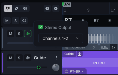 The route panel open on a track row, with the Stereo Output checkbox and the channel dropdown