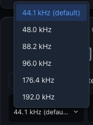 The sample rate list, with 44.1 kHz tagged as the default