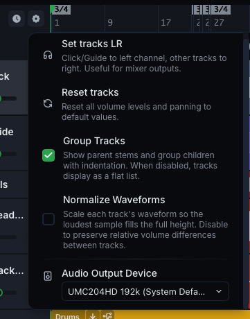 The Tools menu with the Audio Output Device row at the bottom