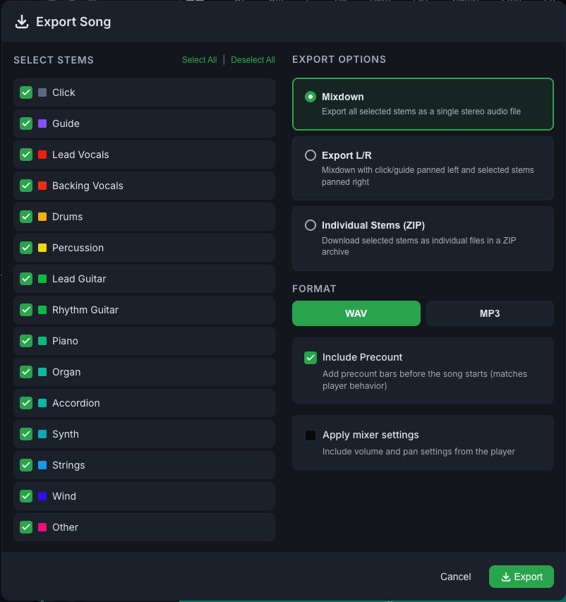 The Export Song window