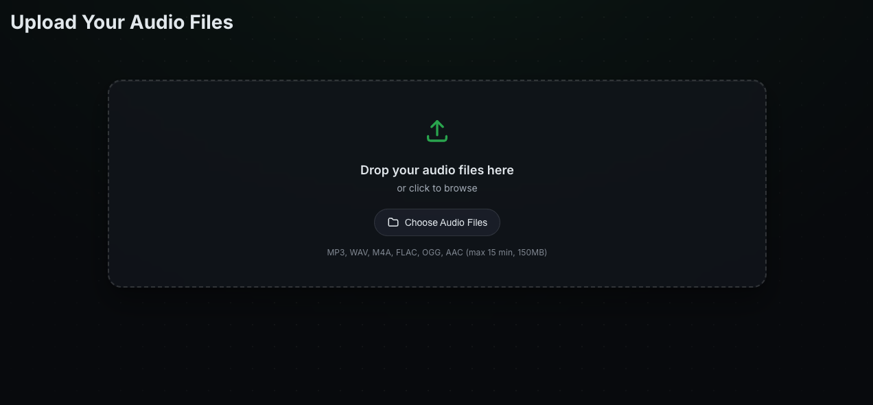 The upload page with the audio drop zone