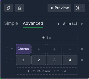 O menu da seção no Avançado: uma guia no primeiro tempo de um compasso e depois a contagem 1, 2, 3, 4