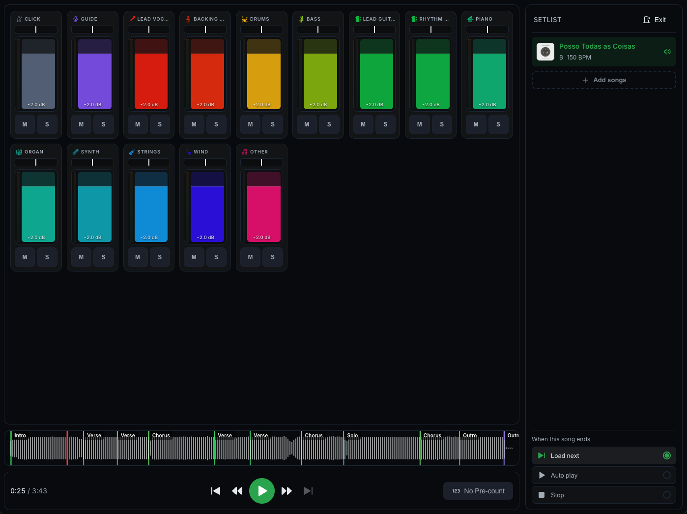 Live Mode with the mixer and setlist