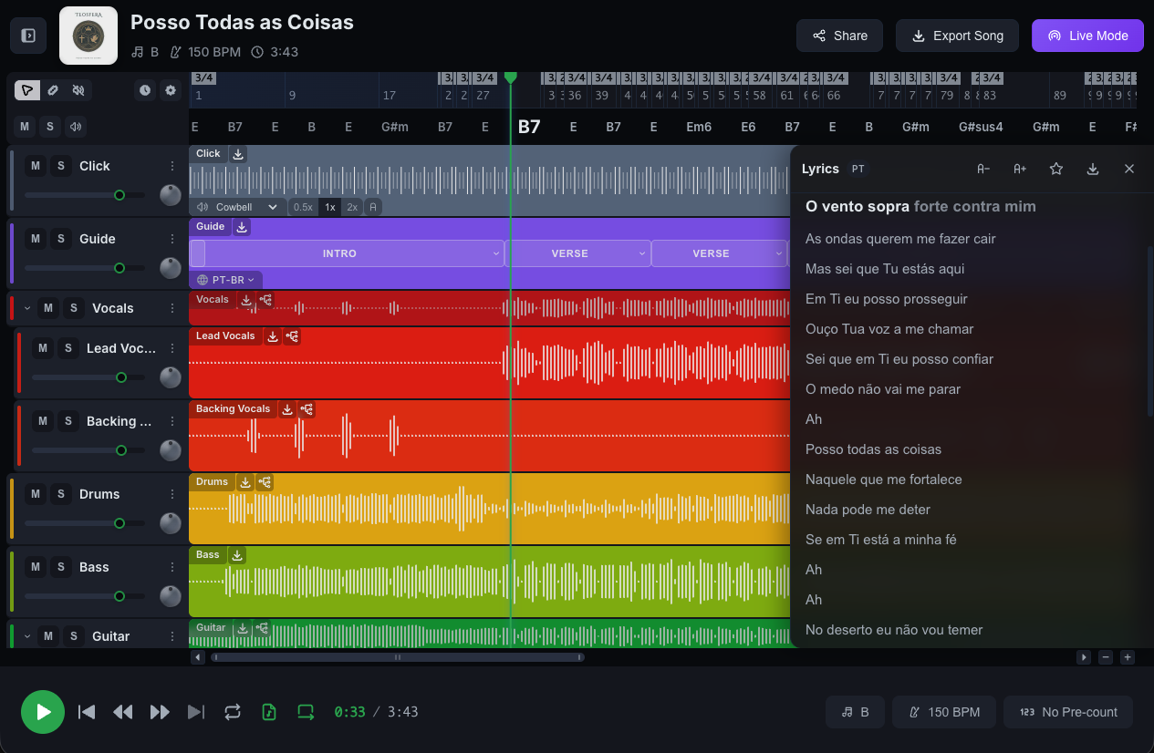 The synced lyrics panel