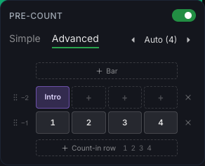 O popup da pré-contagem no Avançado: Intro no primeiro tempo de um compasso e depois a contagem 1, 2, 3, 4