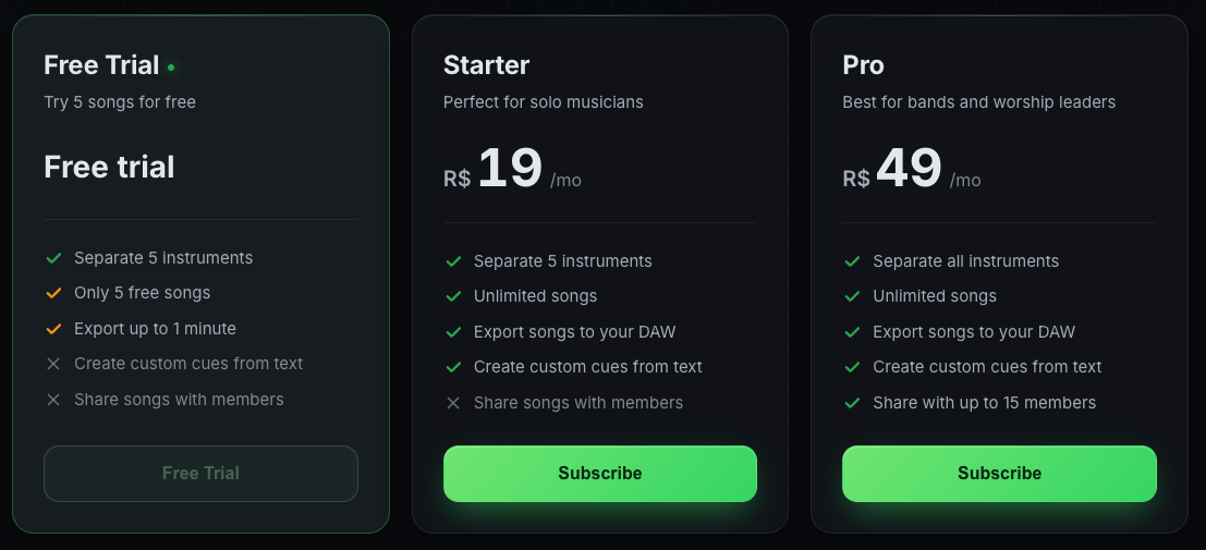 The Plans page with the Starter and Pro plans