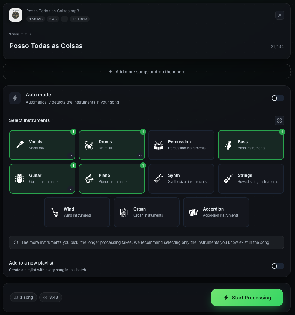 The instrument selector in Manual Mode